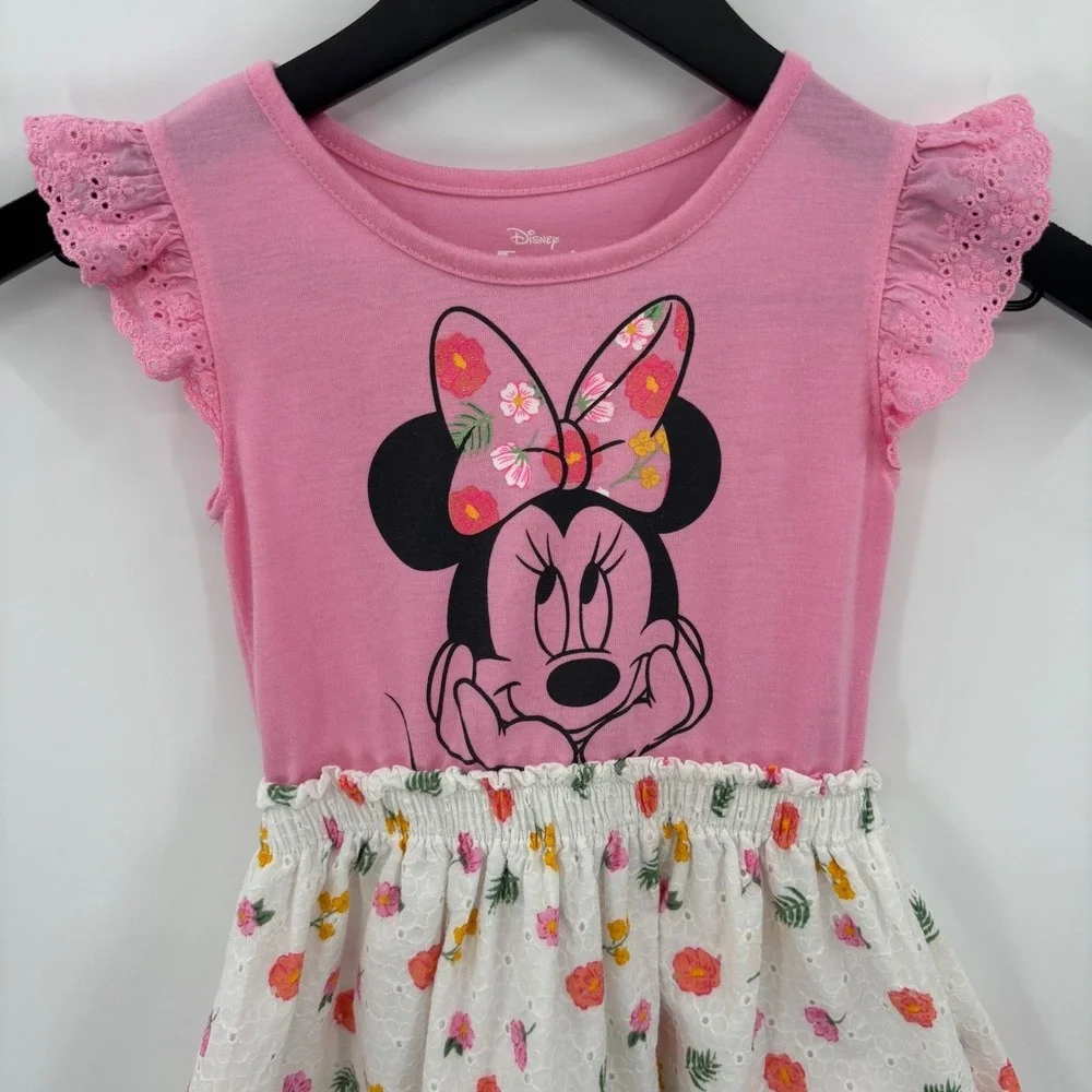 Disney Minnie Mouse Dress Size 4/5 Girls Pink Flutter Sleeve Floral Eyelet Boho